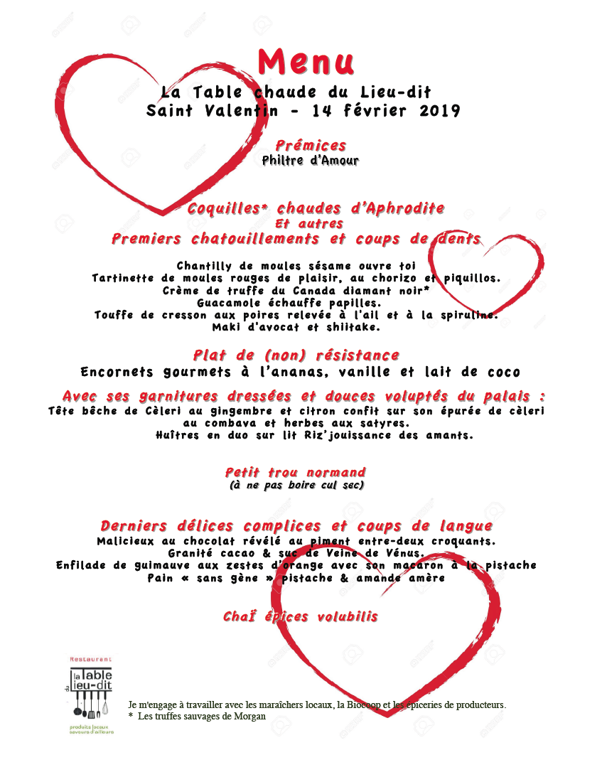 le menu pour la soirée Saint-Valentin 2019 du Lieu-dit au Caveau